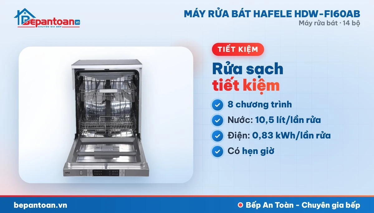 Máy rửa bát Hafele HDW-FI60AB - 8 chương trình rửa, tiết kiệm điện nước