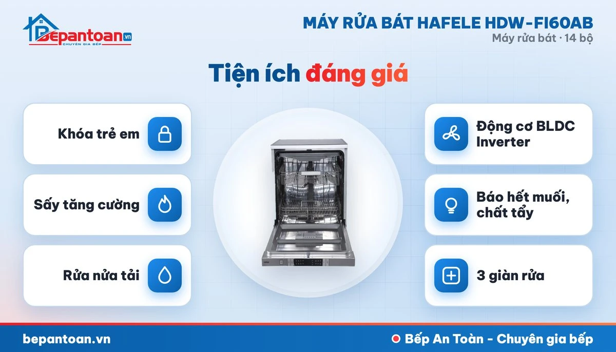Máy rửa bát Hafele HDW-FI60AB - diệt khuẩn, sấy khô và an toàn