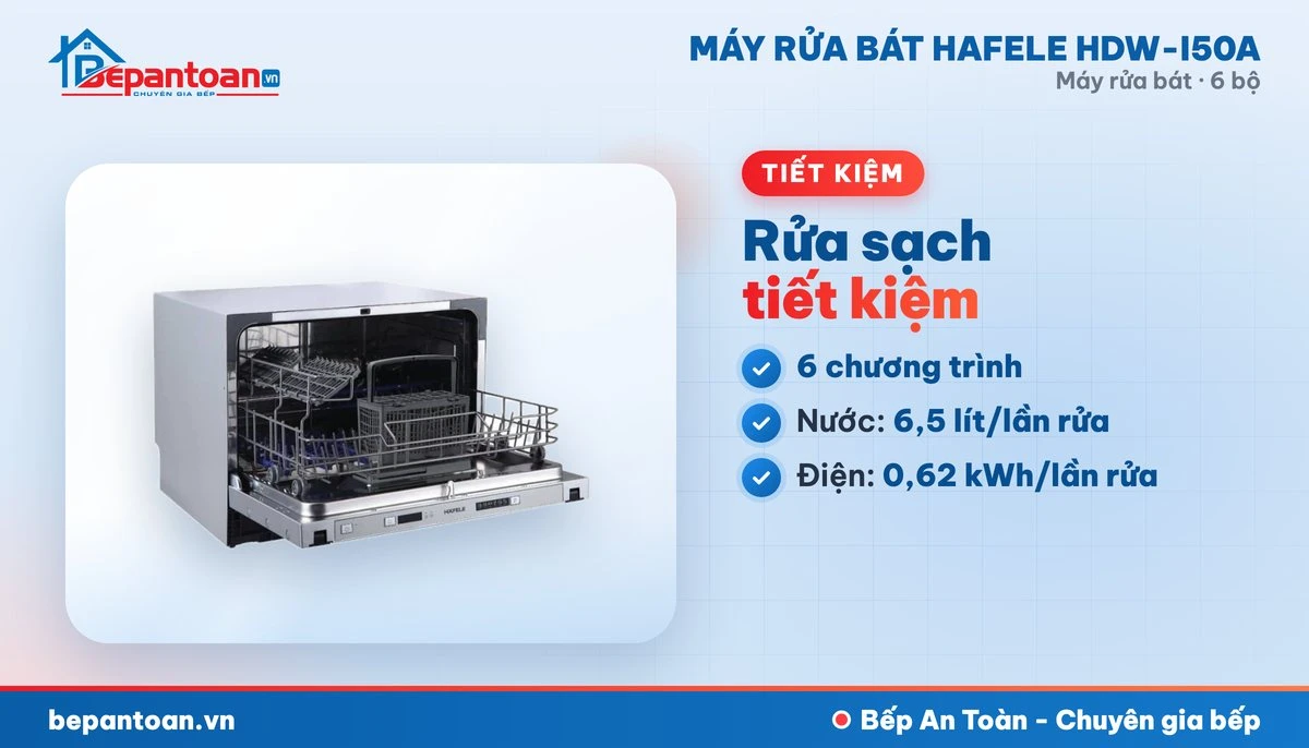Máy rửa bát Hafele HDW-I50A - 6 chương trình rửa, tiết kiệm điện nước