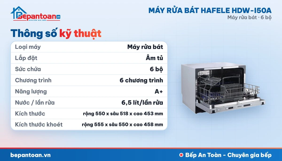 Máy rửa bát Hafele HDW-I50A - thông số kỹ thuật