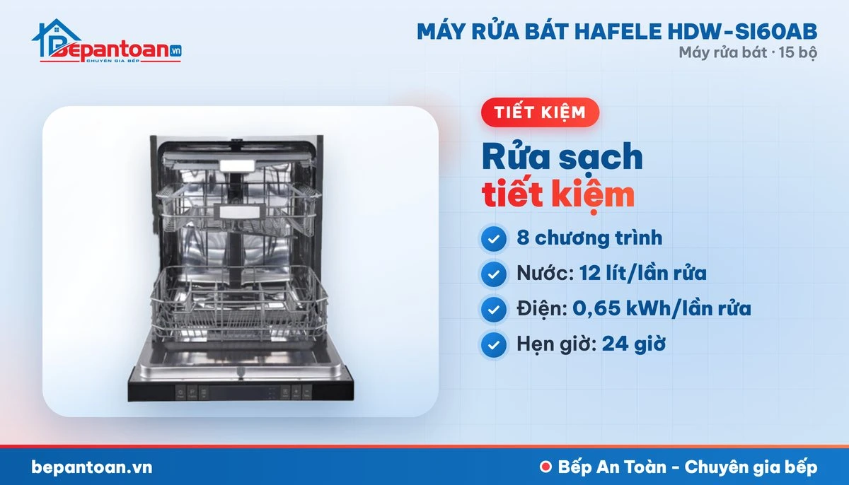 Máy rửa bát Hafele HDW-SI60AB - 8 chương trình rửa, tiết kiệm điện nước