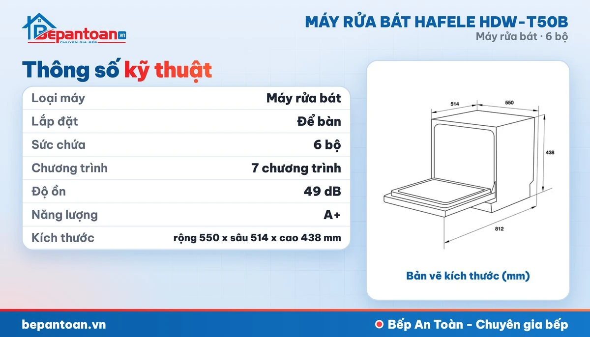Máy rửa bát Hafele HDW-T50B - thông số kỹ thuật