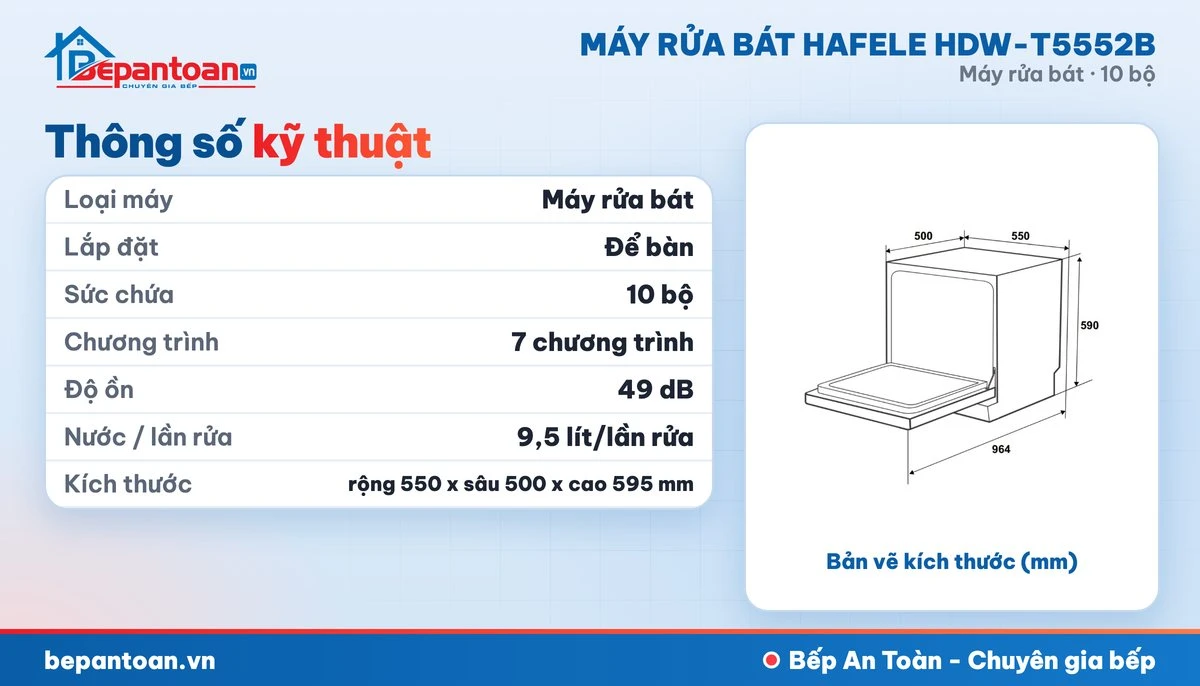 Máy rửa bát Hafele HDW-T5552B - thông số kỹ thuật