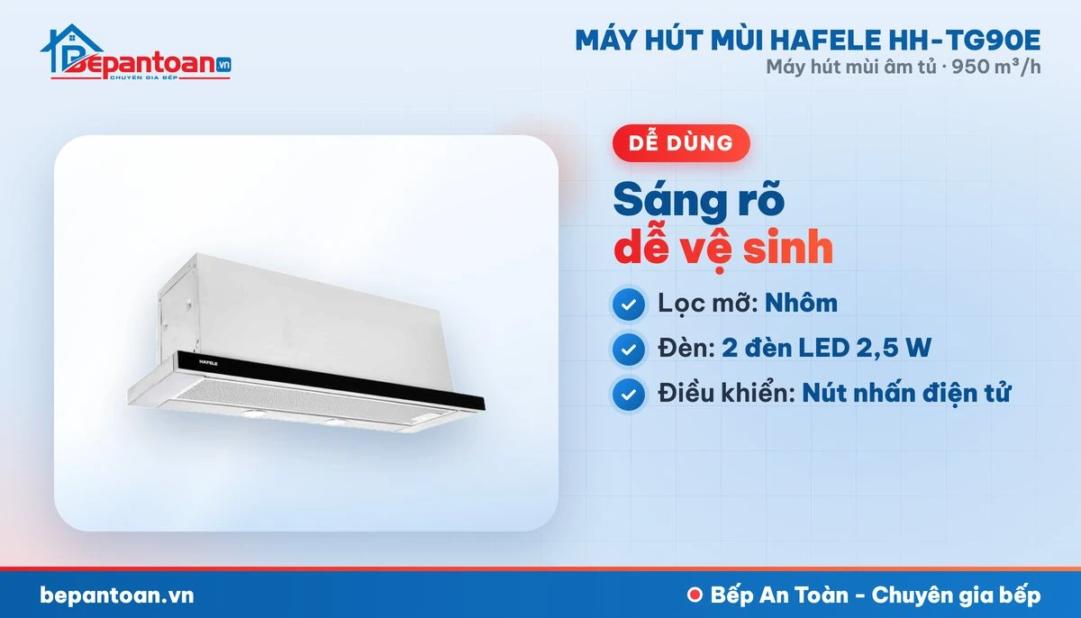 Máy hút mùi âm tủ Hafele HH-TG90E - lọc mỡ, đèn chiếu sáng, điều khiển