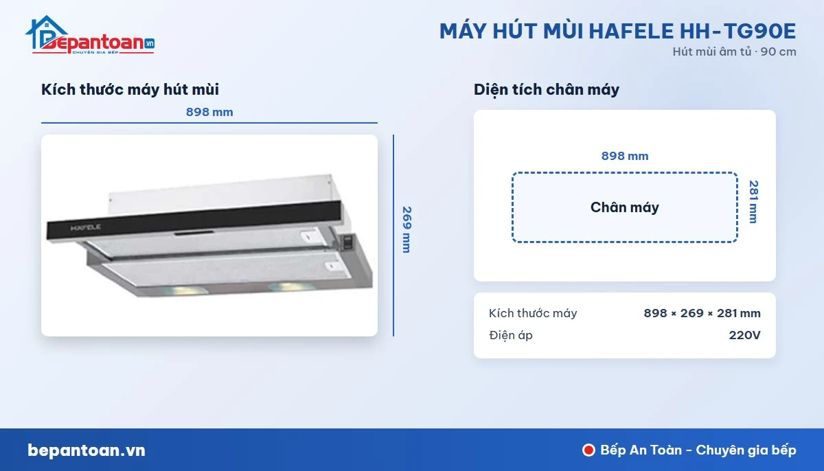 Máy hút mùi Hafele HH-TG90E - kích thước lắp đặt