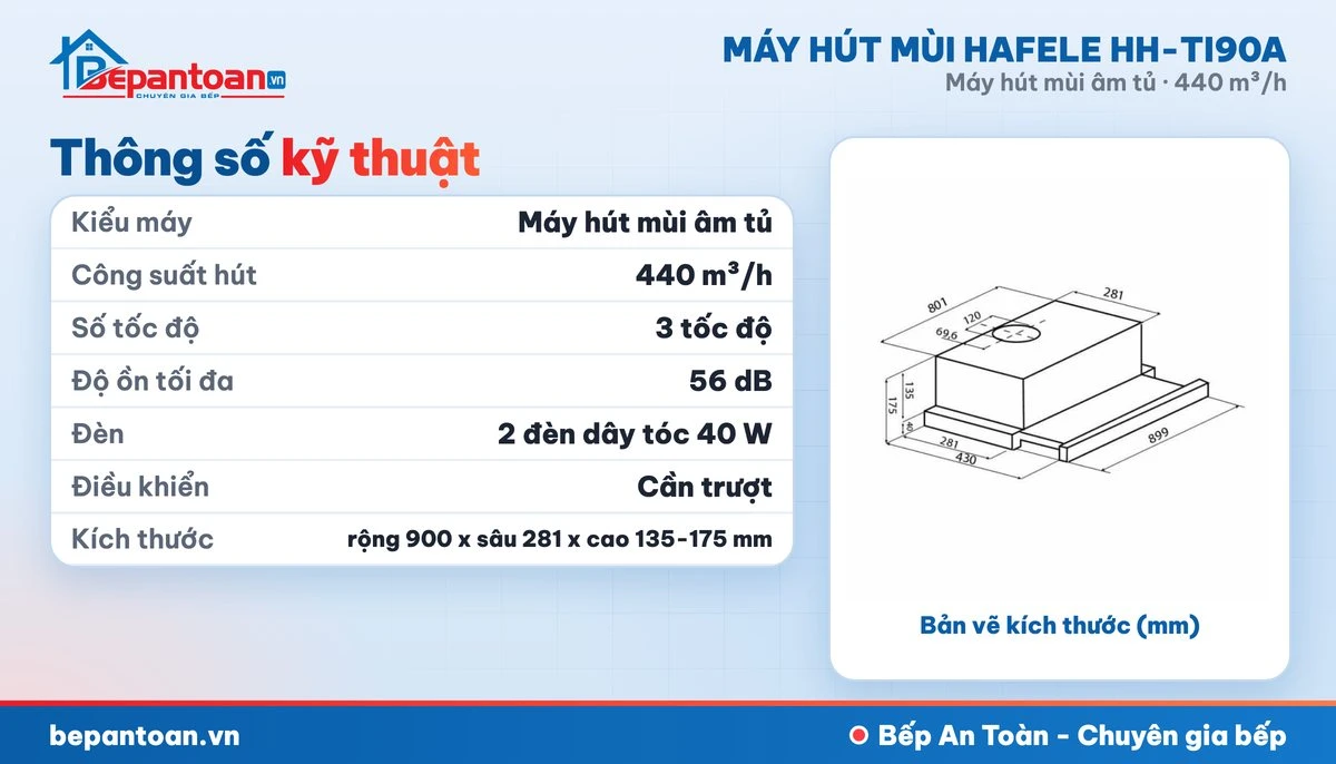 Máy hút mùi âm tủ Hafele HH-TI90A - thông số kỹ thuật