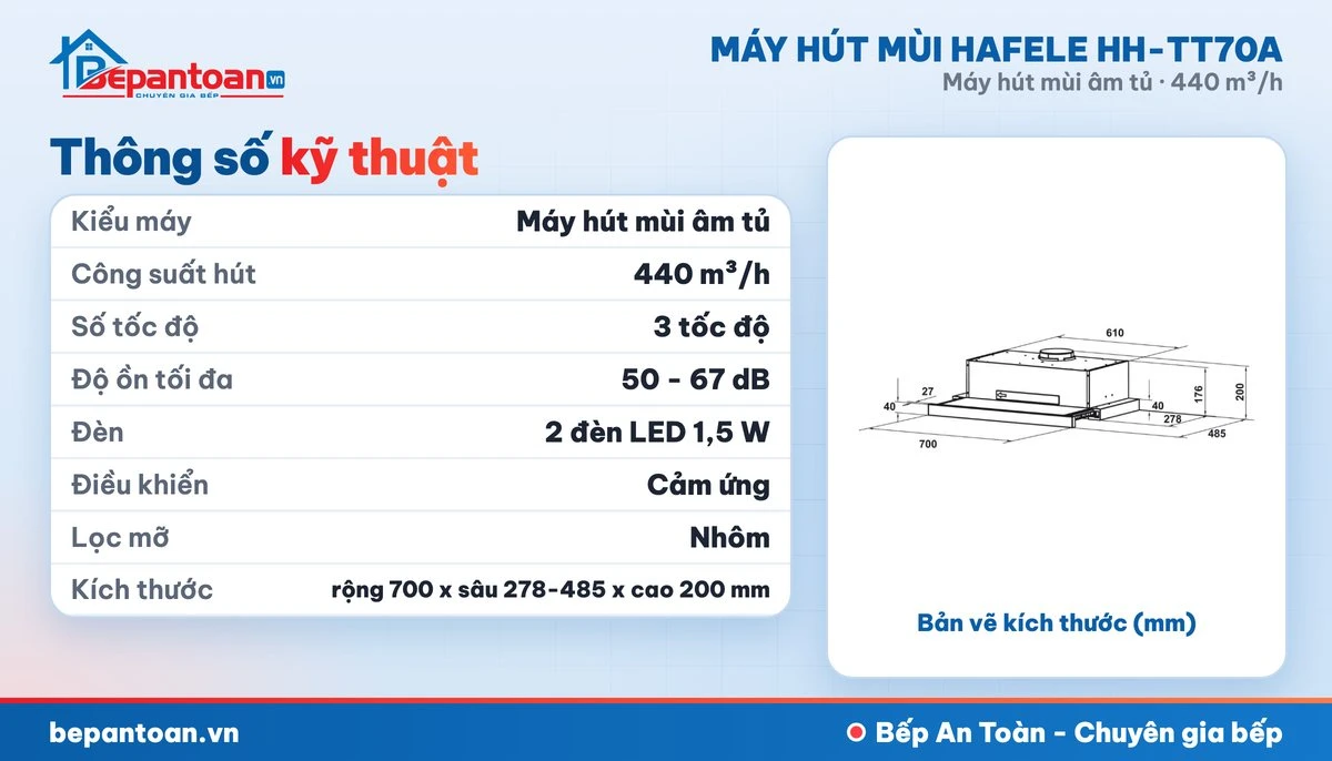 Máy hút mùi âm tủ Hafele HH-TT70A - thông số kỹ thuật