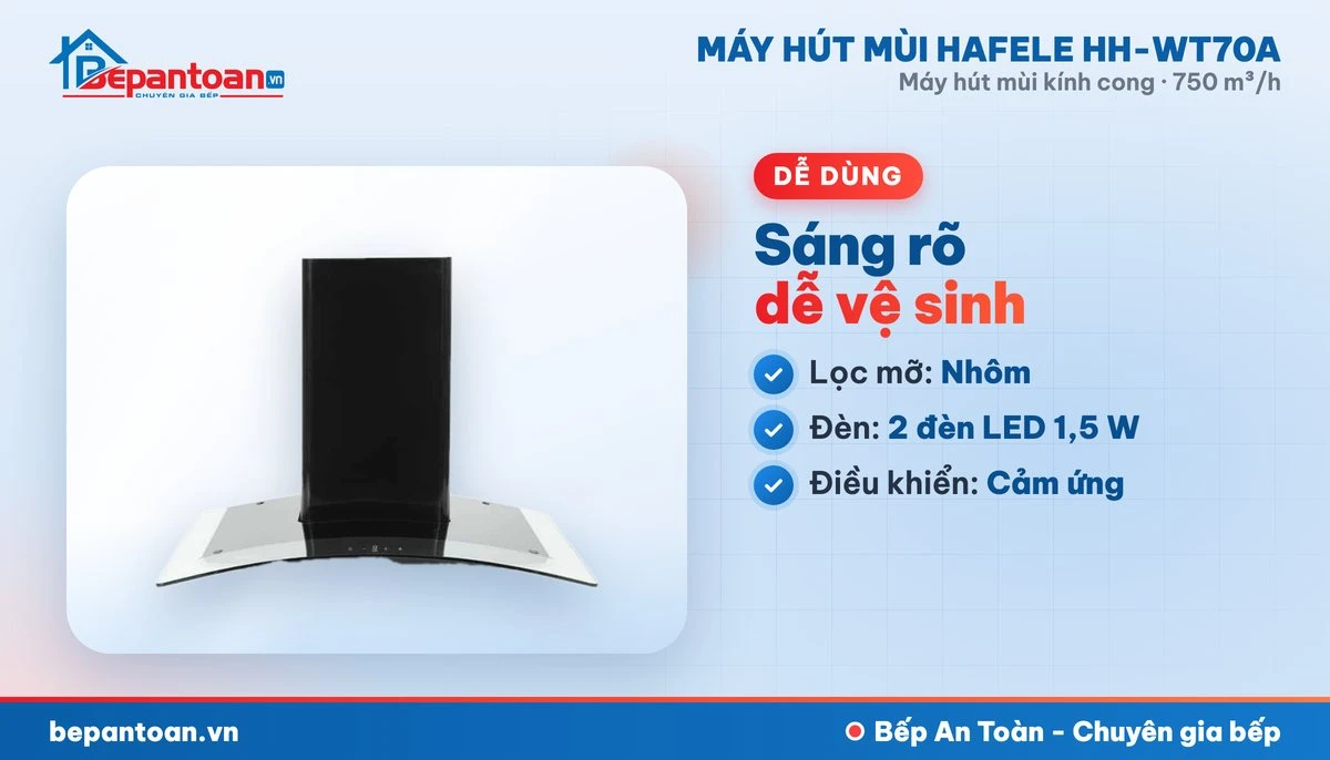 Máy hút mùi kính cong Hafele HH-WT70A - lọc mỡ, đèn chiếu sáng, điều khiển