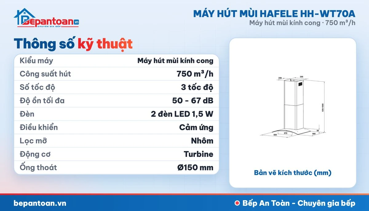 Máy hút mùi kính cong Hafele HH-WT70A - thông số kỹ thuật