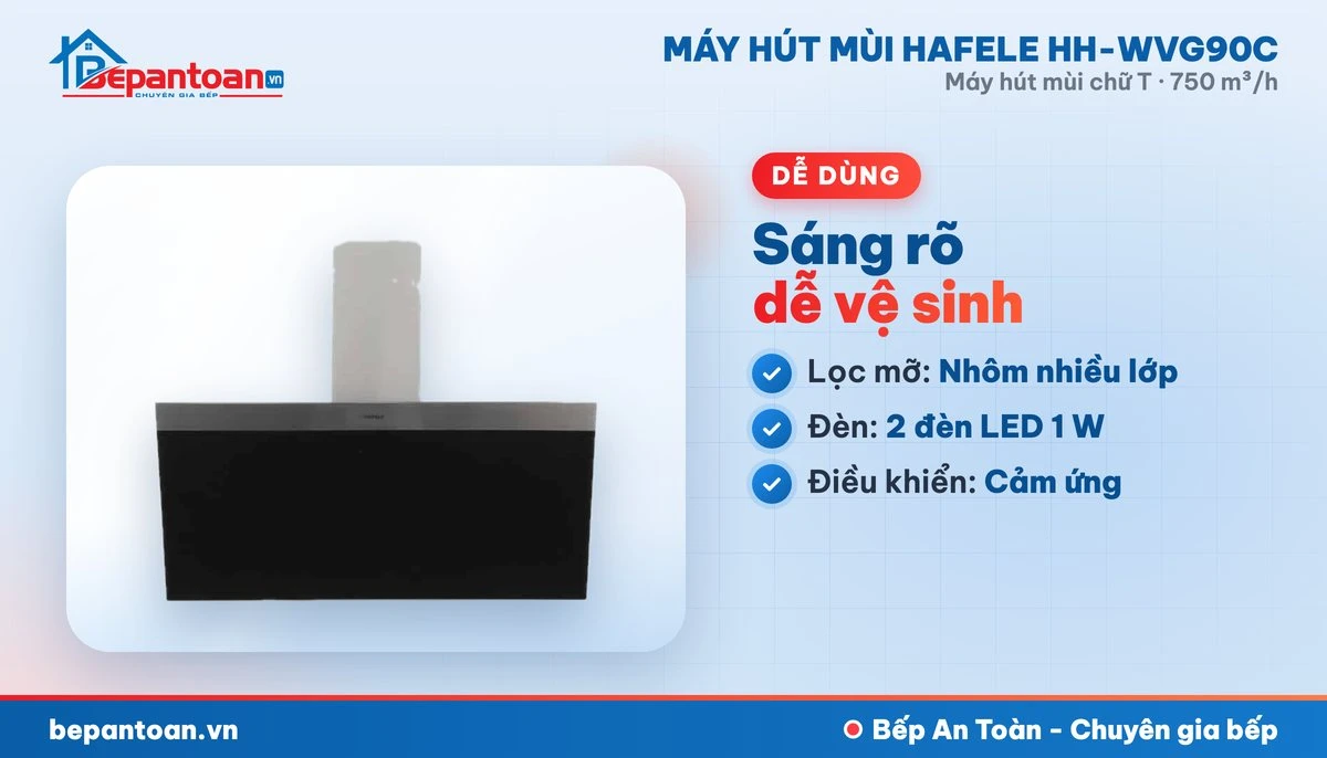 Máy hút mùi chữ T Hafele HH-WVG90C - lọc mỡ, đèn chiếu sáng, điều khiển