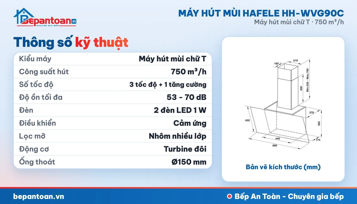 Máy hút mùi chữ T Hafele HH-WVG90C - thông số kỹ thuật