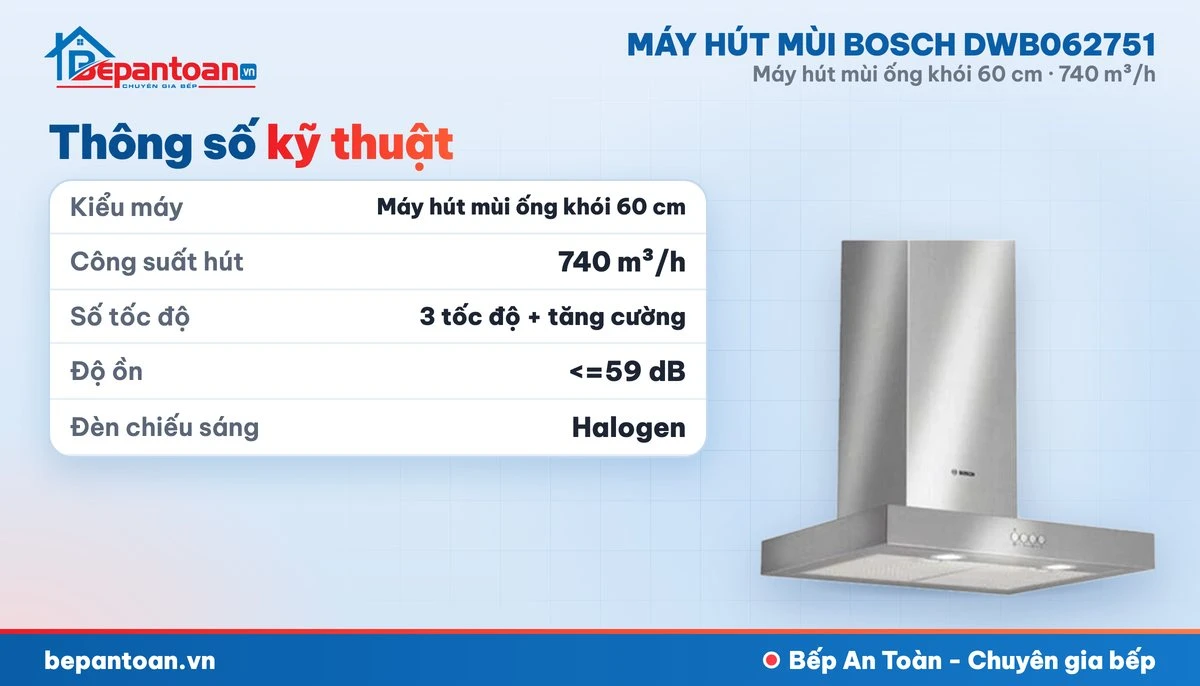 Máy hút mùi Bosch DWB062751 - thông số kỹ thuật