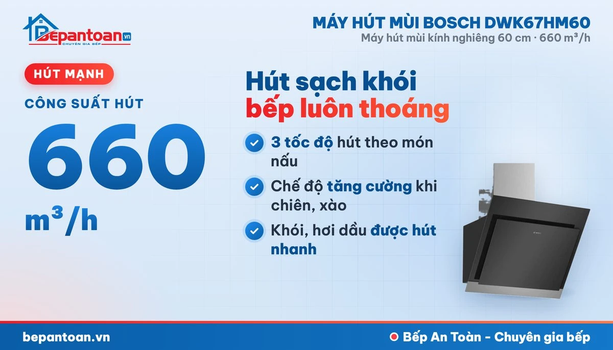 Máy hút mùi Bosch DWK67HM60 - công suất hút