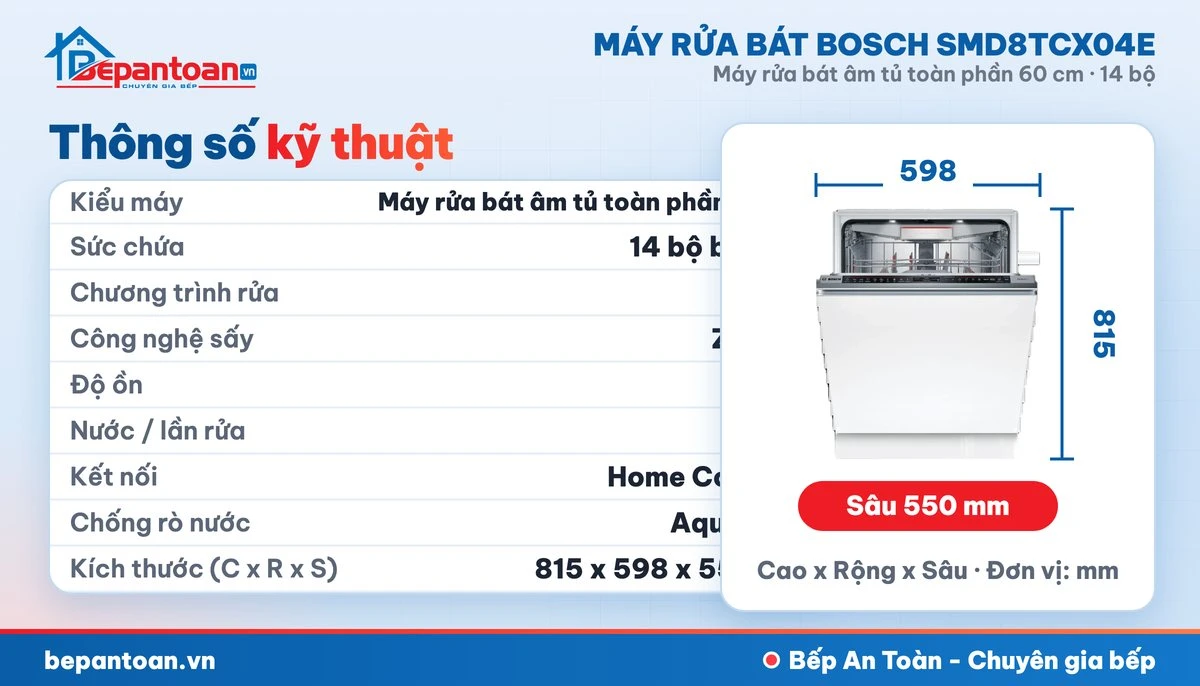 Máy rửa bát Bosch SMD8TCX04E - thông số kỹ thuật