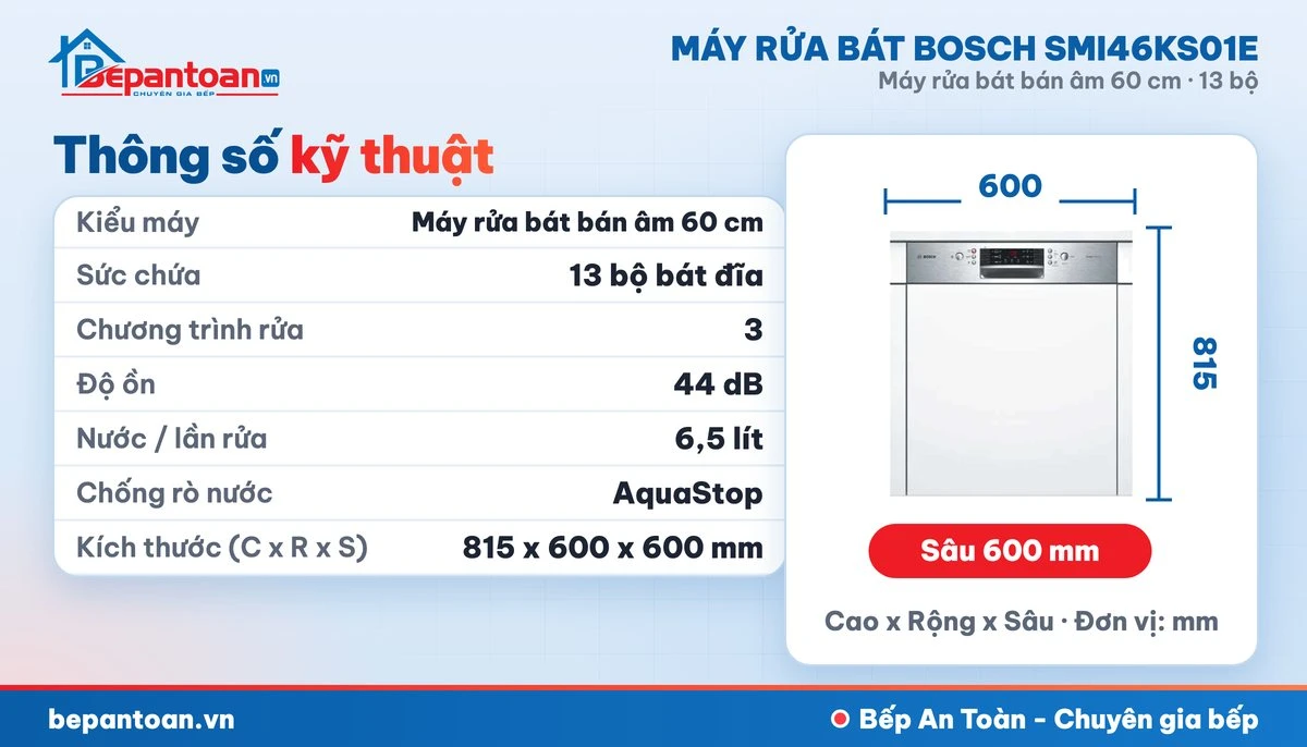 Máy rửa bát Bosch SMI46KS01E - thông số kỹ thuật