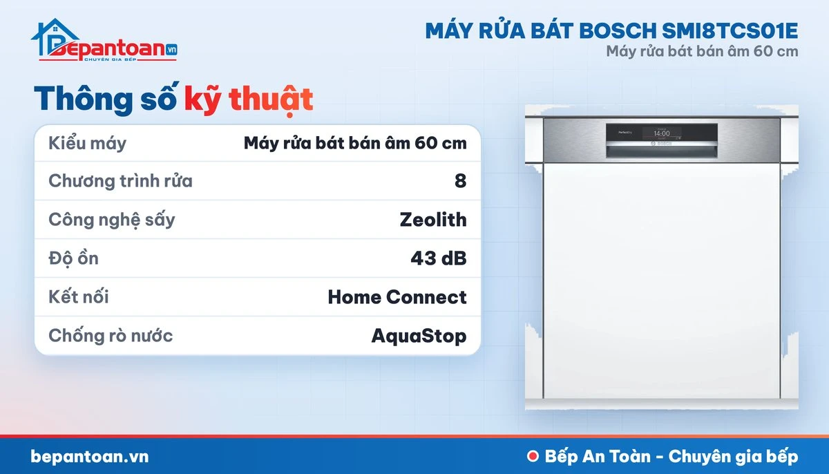 Máy rửa bát Bosch SMI8TCS01E - thông số kỹ thuật