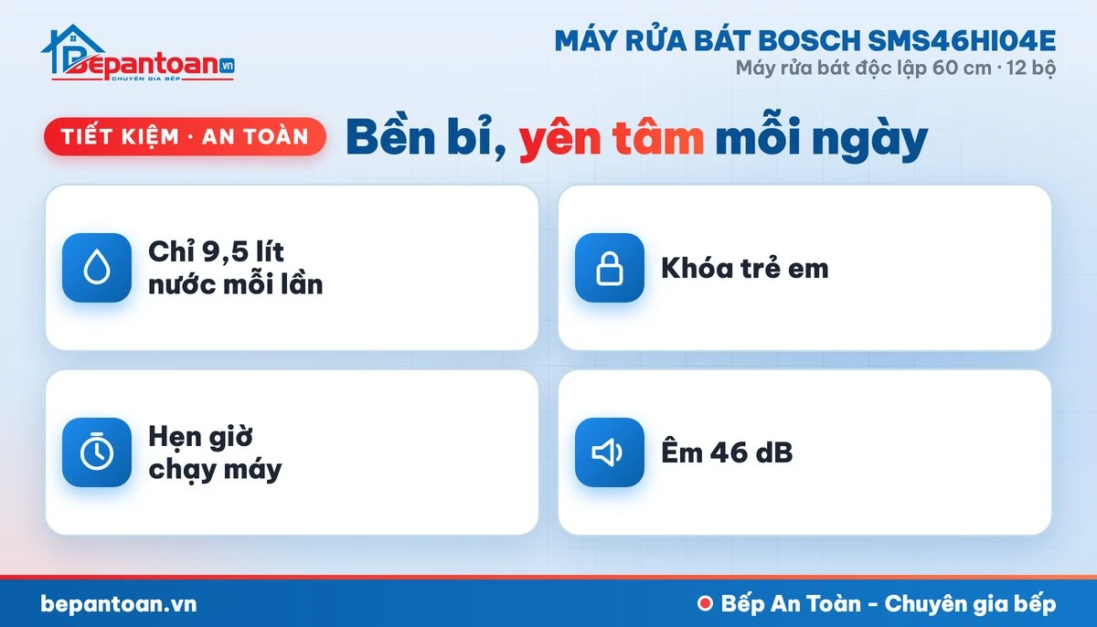 Máy rửa bát Bosch SMS46HI04E - tiết kiệm, an toàn