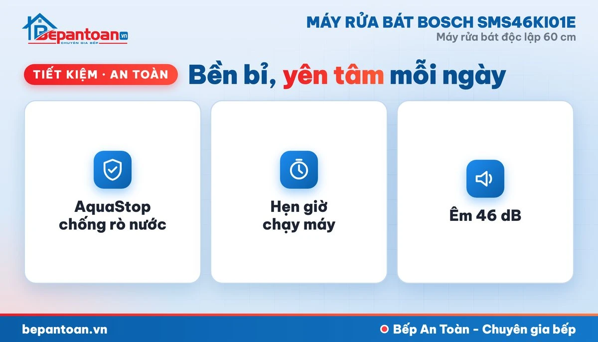 Máy rửa bát Bosch SMS46KI01E - tiết kiệm, an toàn