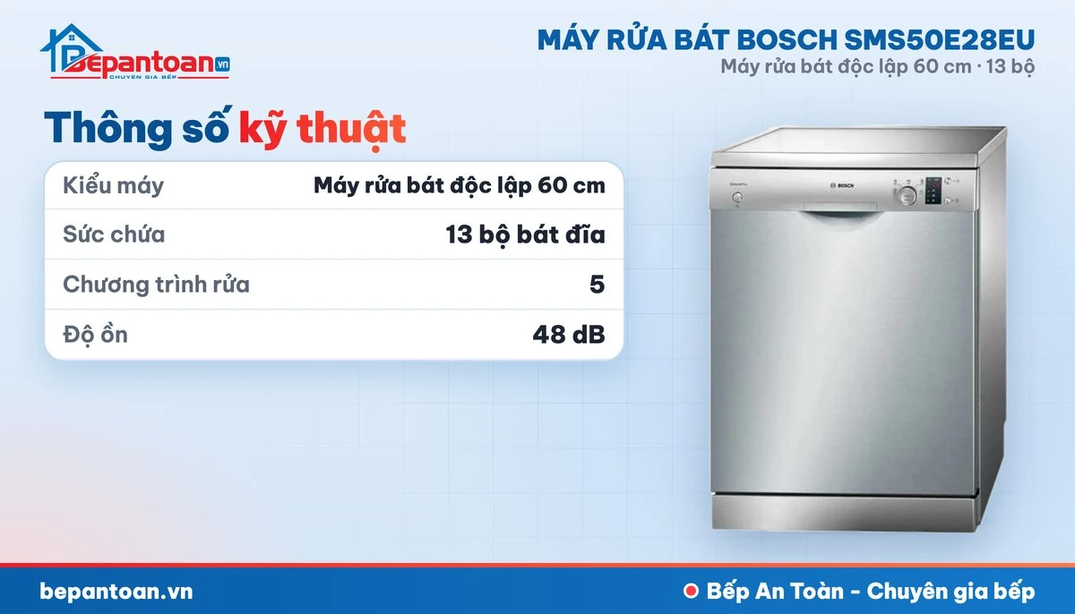 Máy rửa bát Bosch SMS50E28EU - thông số kỹ thuật