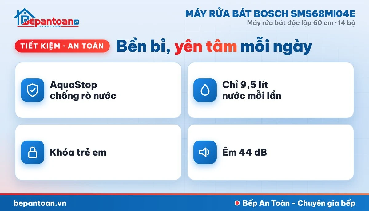 Máy rửa bát Bosch SMS68MI04E - tiết kiệm, an toàn