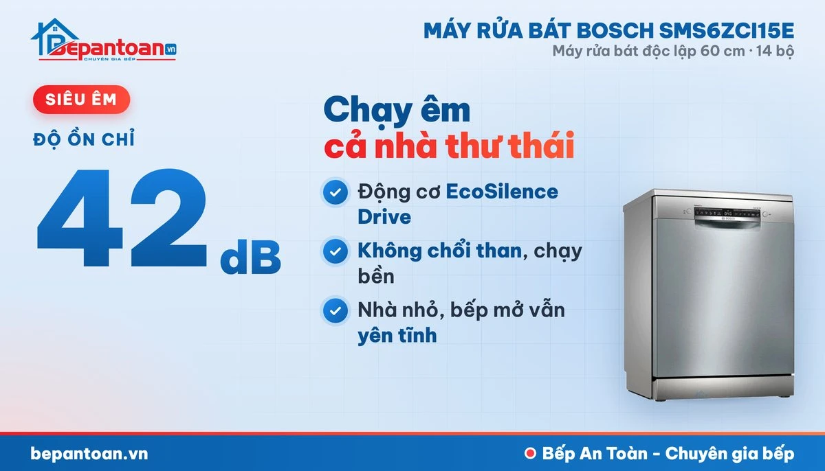 Máy rửa bát Bosch SMS6ZCI15E - vận hành êm