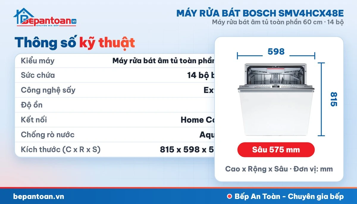 Máy rửa bát Bosch SMV4HCX48E - thông số kỹ thuật