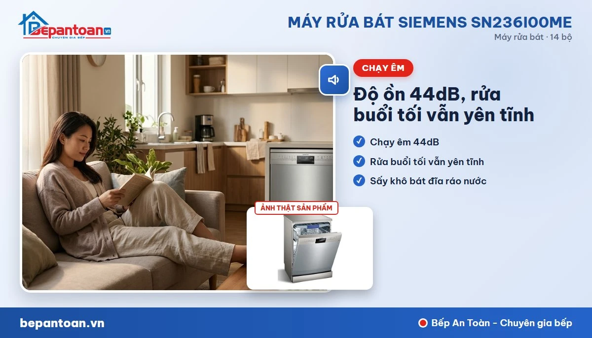 Máy rửa bát Siemens SN236I00ME - Chạy êm 44dB, sấy khô