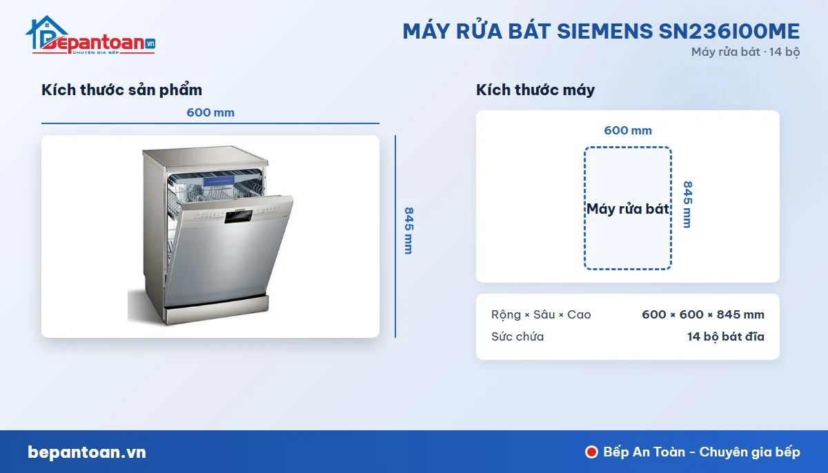 Máy rửa bát Siemens SN236I00ME - kích thước lắp đặt