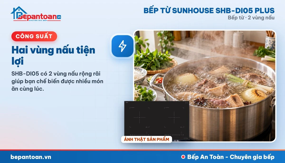 Bếp từ Sunhouse SHB-DI05 PLUS - Hai vùng nấu tiện lợi