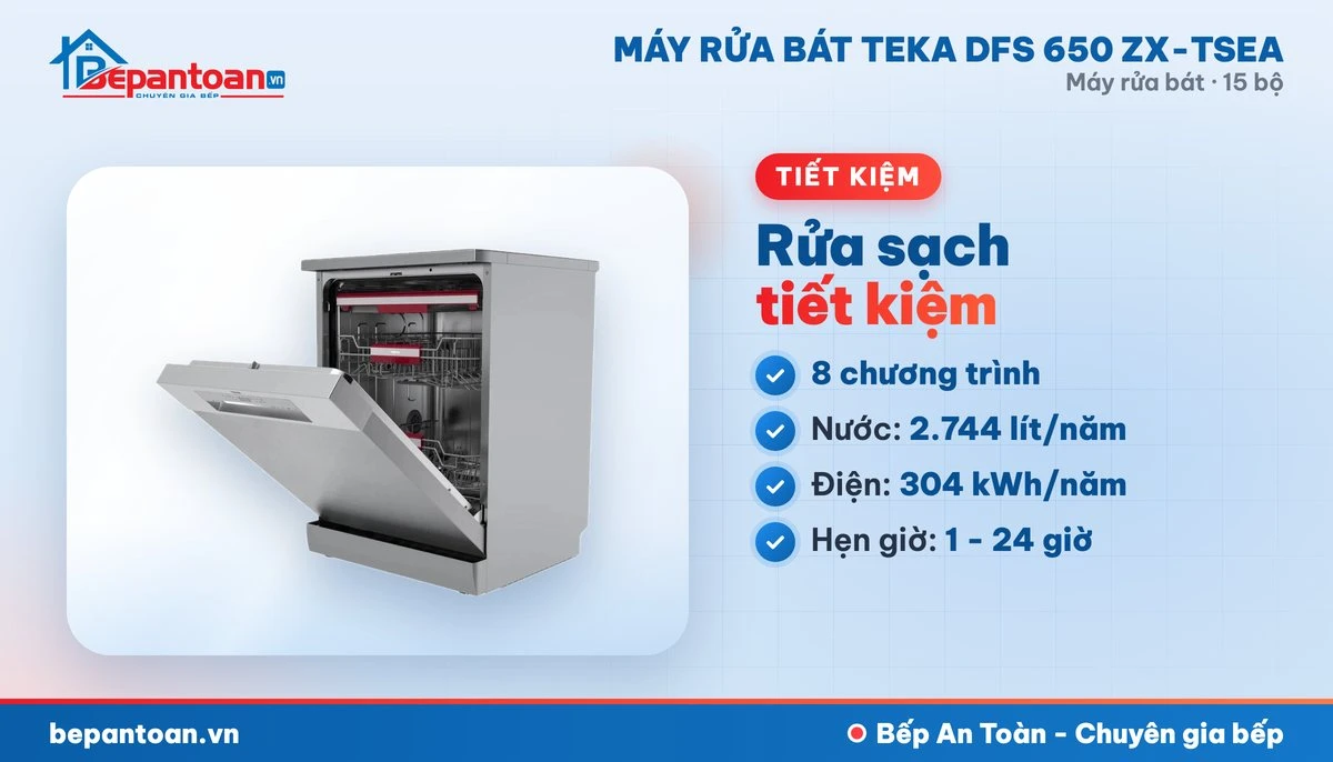 Máy rửa bát Teka DFS 650 ZX-TSEA - 8 chương trình rửa, tiết kiệm điện nước