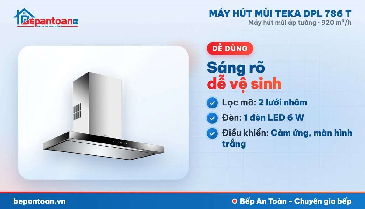 Máy hút mùi áp tường Teka DPL 786 T - lọc mỡ, đèn chiếu sáng, điều khiển