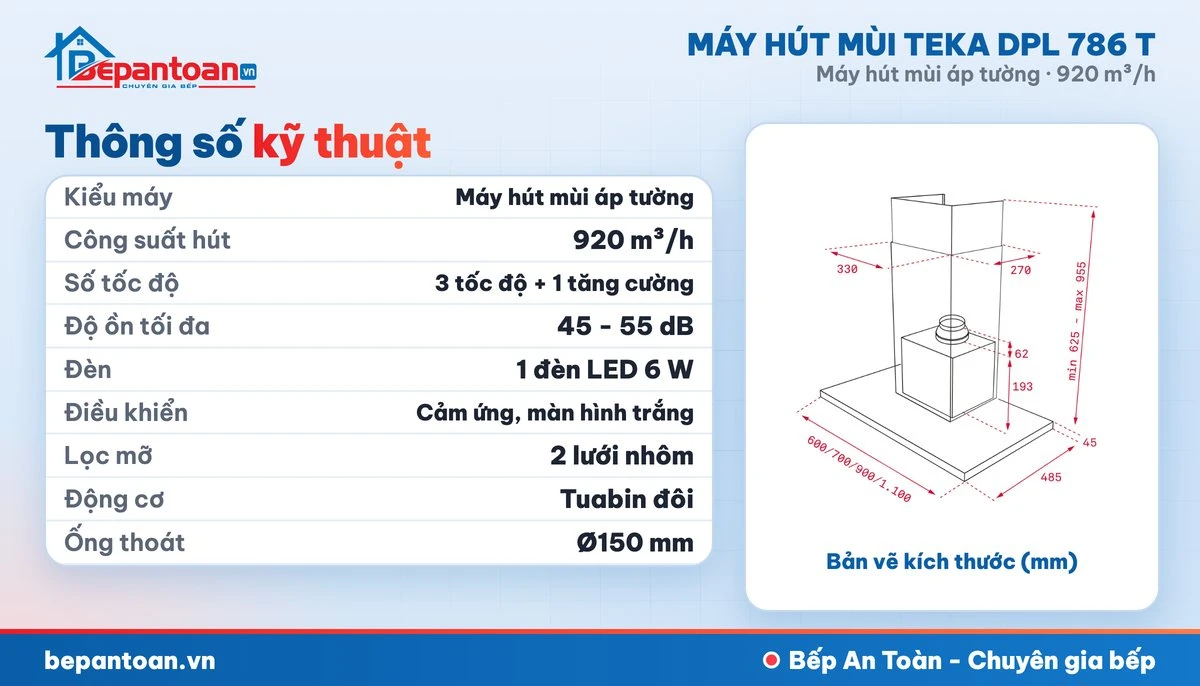 Máy hút mùi áp tường Teka DPL 786 T - thông số kỹ thuật