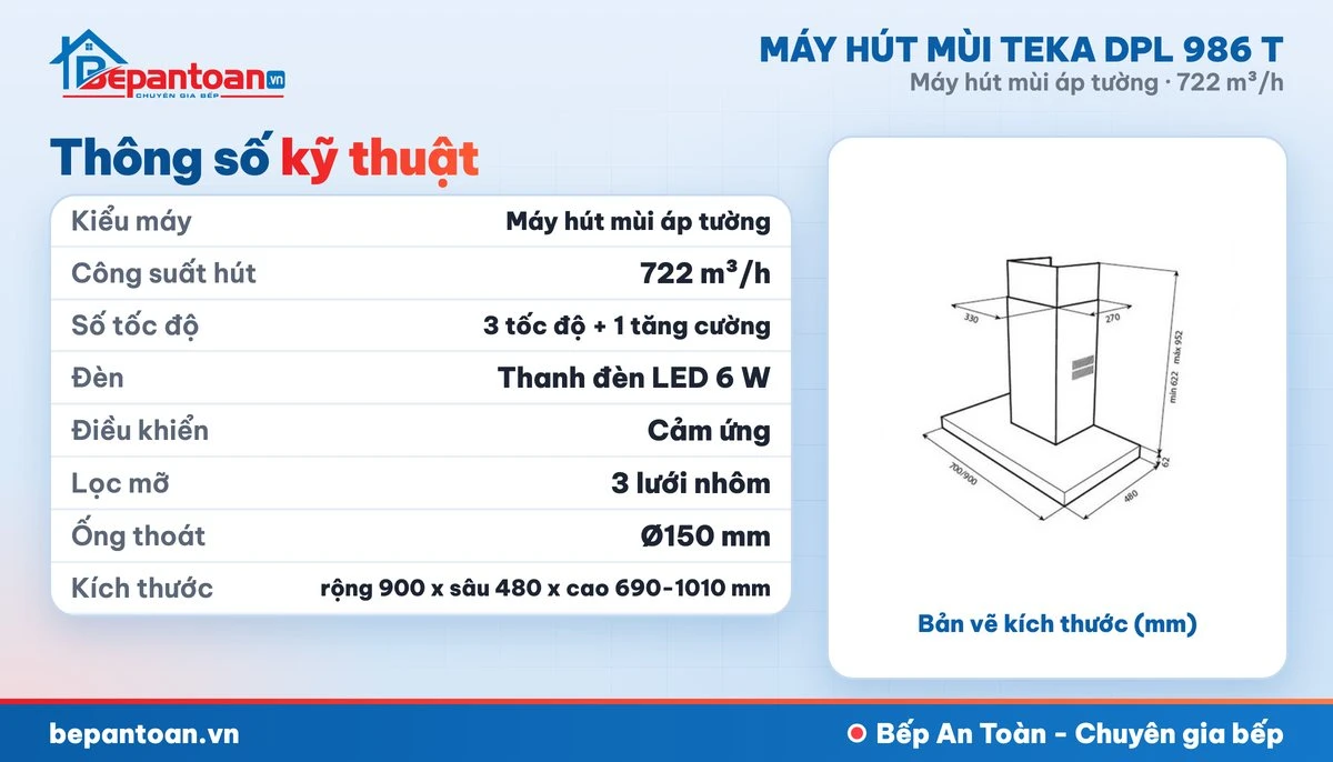 Máy hút mùi áp tường Teka DPL 986 T - thông số kỹ thuật
