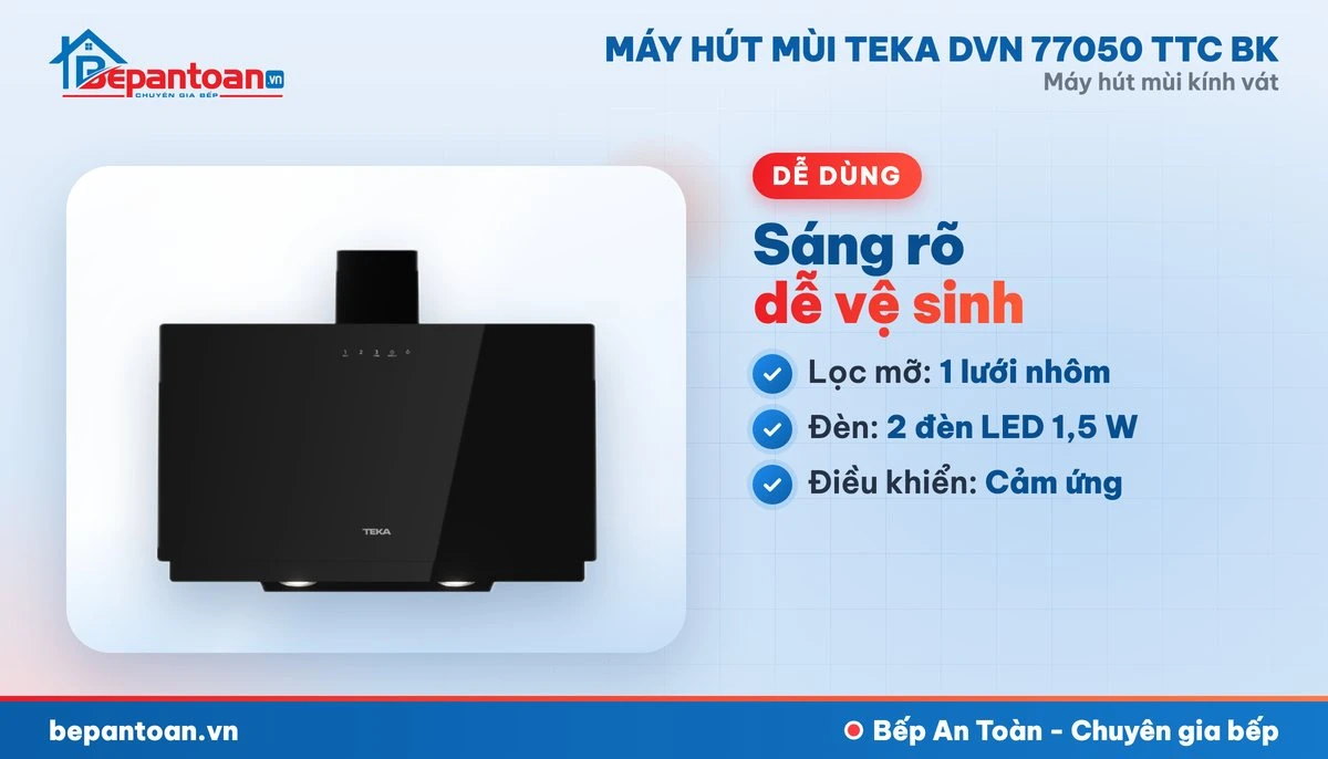 Máy hút mùi kính vát Teka DVN 77050 TTC BK - lọc mỡ, đèn chiếu sáng, điều khiển