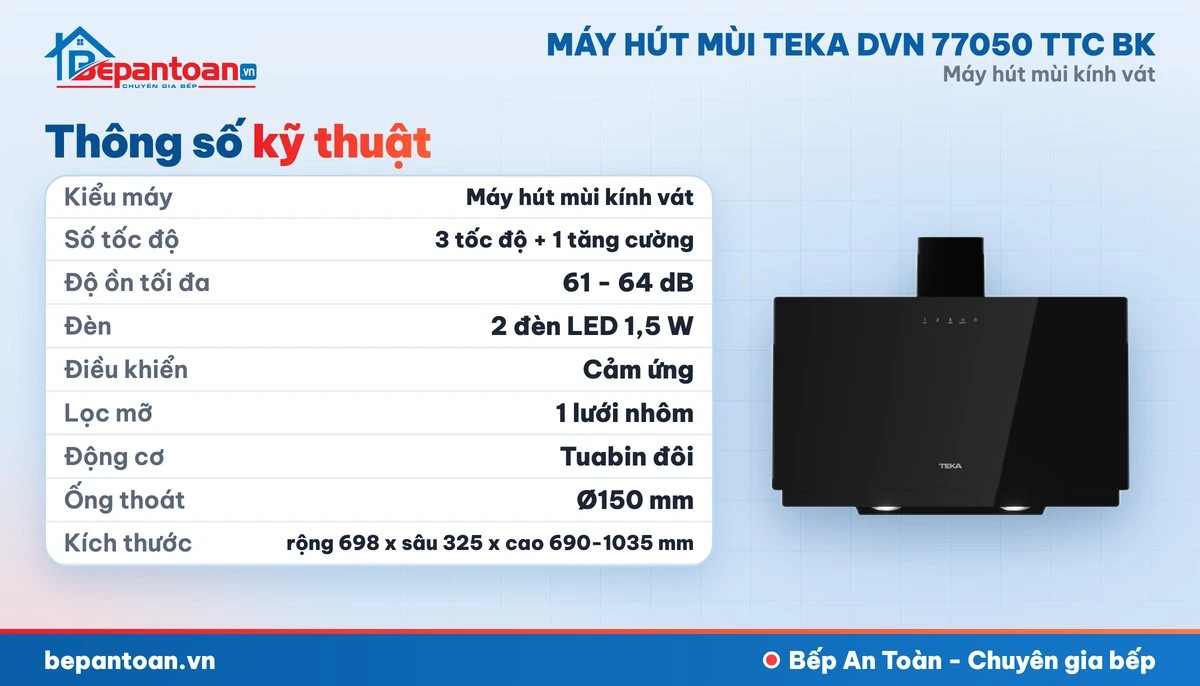 Máy hút mùi kính vát Teka DVN 77050 TTC BK - thông số kỹ thuật