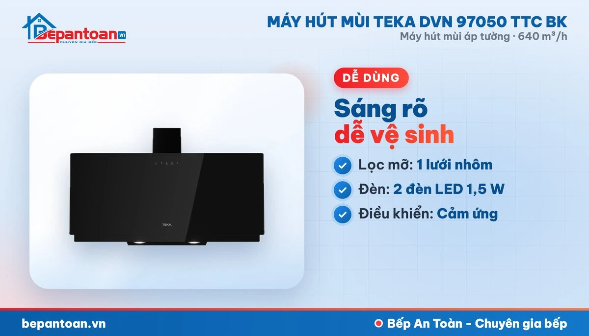 Máy hút mùi áp tường Teka DVN 97050 TTC BK - lọc mỡ, đèn chiếu sáng, điều khiển