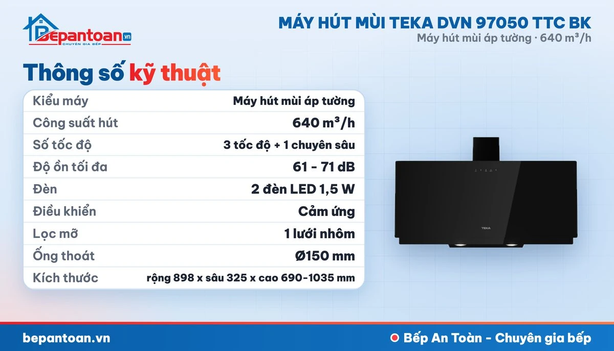 Máy hút mùi áp tường Teka DVN 97050 TTC BK - thông số kỹ thuật