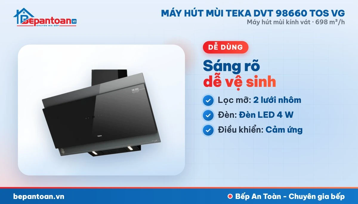 Máy hút mùi kính vát Teka DVT 98660 TOS VG - lọc mỡ, đèn chiếu sáng, điều khiển