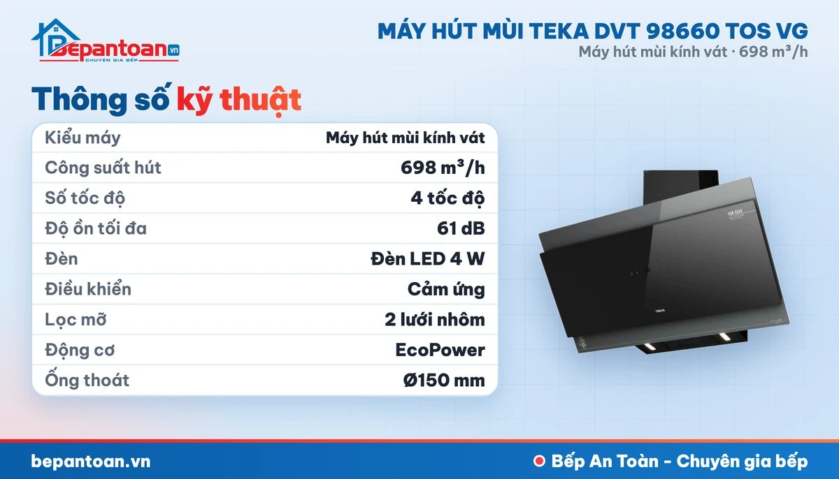 Máy hút mùi kính vát Teka DVT 98660 TOS VG - thông số kỹ thuật