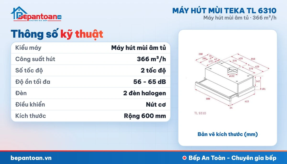 Máy hút mùi âm tủ Teka TL 6310 - thông số kỹ thuật
